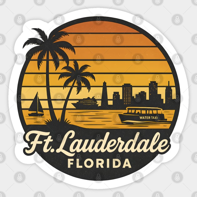 Retro Ft Lauderdale Florida Sunset Design with Palm Trees and Water Taxi Scene Sticker by WarFX Designs